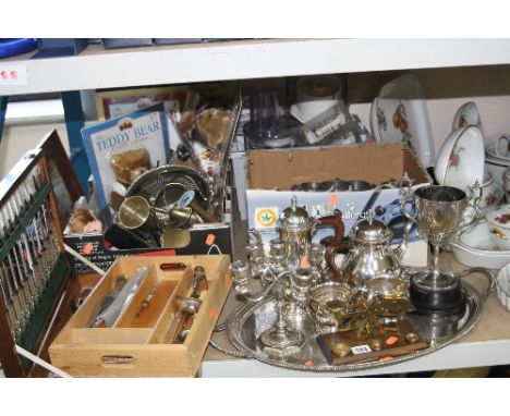 THREE BOXES AND LOOSE SUNDRY ITEMS, to include plated tray, tea service, trophy, canteen of cutlery, postal scales, boxed ted