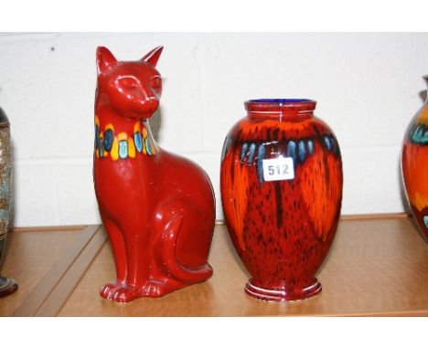 A POOLE POTTERY LIVING GLAZE VASE, height approximately 22cm, together with a seated Cat, height approximately 29cm (rubbed) 