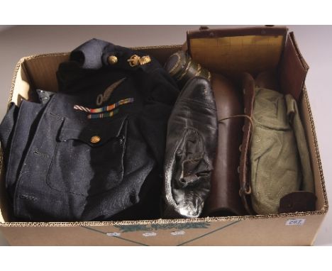 A BOX CONTAINING WW2 ERA UNIFORM ITEMS, to include dress uniform, two caps with Durham Light Infantry Badges, Field Service p