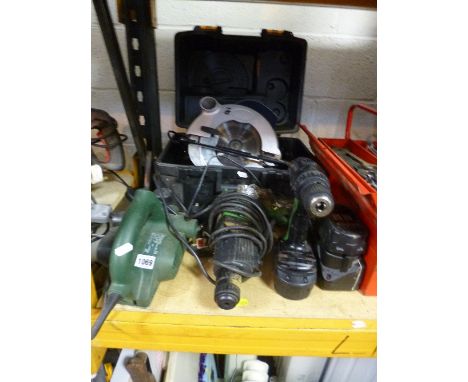 AN ELECTRIC LASER CIRCULAR SAW, sander and two various drills, etc (5)