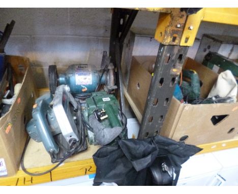 A CLARKE DOUBLE DISC GRINDER, circular saw, sander and a box of other various electric hand tools