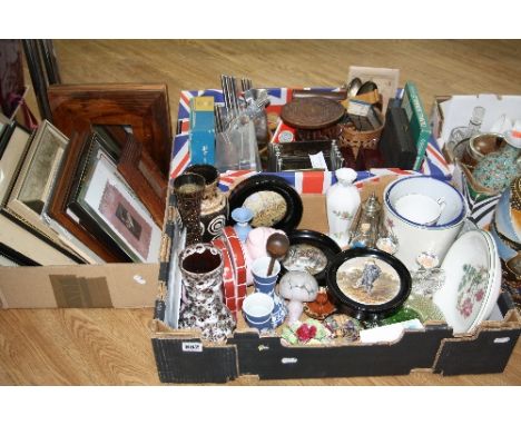 THREE BOXES OF CERAMICS, GLASS, PICTURES, etc, to include Carltonware, Wedgwood, pot lids (a/f)