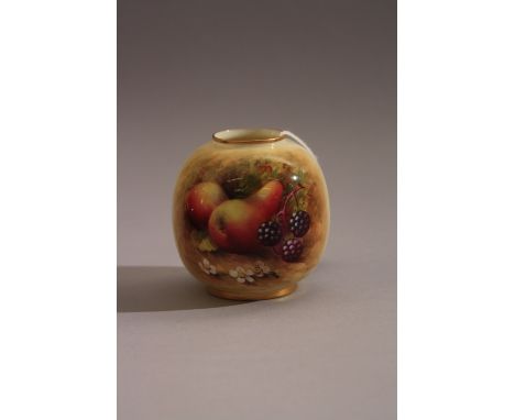 A ROYAL WORCESTER HAND PAINTED POSY VASE, decorated with pears and blackberries on grassy bank, signed H Ayrton, puce mark, 2