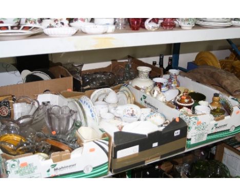 FIVE BOXES AND LOOSE CERAMICS, GLASS, etc, to include suede coat, bottles of beers etc