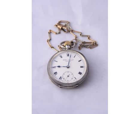 A SILVER POCKET WATCH, with enamel white dial and Roman numerals, together with a 9ct rose gold albert chain