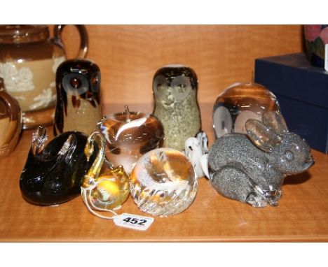 NINE GLASS PAPERWEIGHTS, to include Caithness 'Misty', Wedgwood Rabbit and Apple, Langham Owl and Rabbit etc
