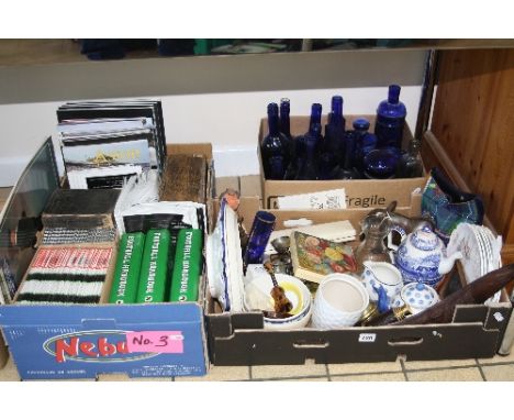 THREE BOXES OF SUNDRIES, to include books, blue glass bottles, Copeland Spode, Carltonware etc
