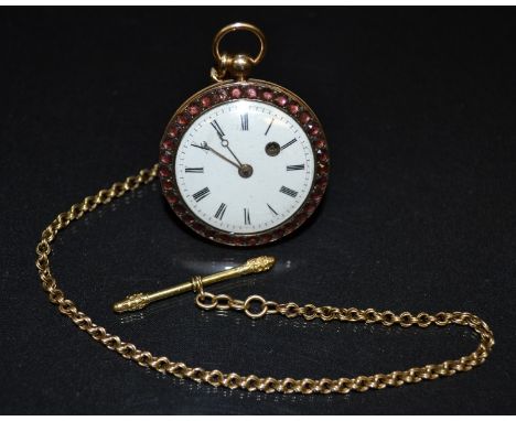 A 19th century French Verge fusee pocket watch, white enamelled dial, bold Roman numerals, minute track, key wind movement wi