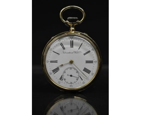 An IWC 14ct gold open face pocket watch, white enamelled dial, bold Roman numerals, minute track, subsidiary seconds, button 