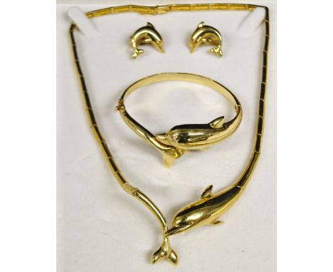 A 14ct yellow gold dolphin motif demi-parure, comprising a necklace, hinge bangle and pair of earring, stamped 585, 57g 