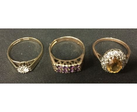 Rings - an eight stone amethyst panel ring, 9ct gold shank, size Q;  others citrine and cubic zirconia;  etc , all 9ct gold s