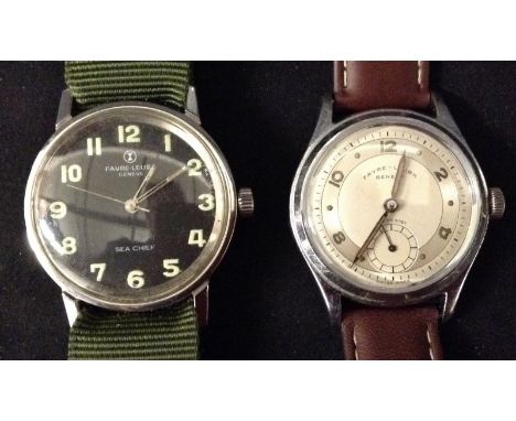 Favre-Leuba - a vintage Sea Chief wrist watch, black dial, luminous Arabic numerals, centre seconds, manual movement, green f