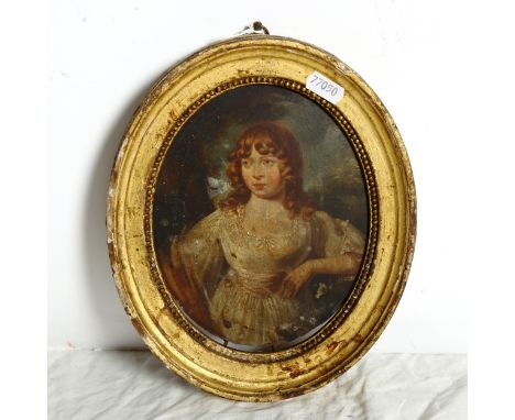 19th century oval oil on panel, portrait of a girl, unsigned, framed, overall 24cm x 20cm 