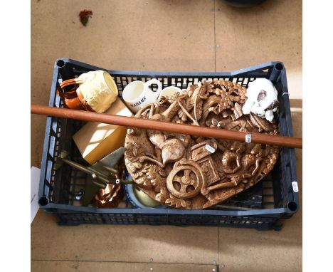 Walking stick, chessmen, a carved panel and china 