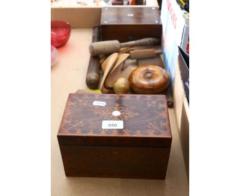 19th century olivewood candlesticks, shoe trees, truncheon, tea caddy etc 