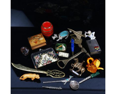 Various collectables, including bone snuff bottle, carved wood netsuke, Mexican spoon etc 