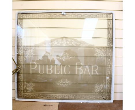 A large Vintage Public Bar acid etched glass door/window panel, 98cm x 107cm 