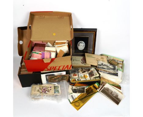 A quantity of Vintage cigarette cards, postage stamps, cameo shell panel etc 