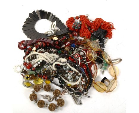 A box of mixed costume jewellery, a green panel bracelet etc 