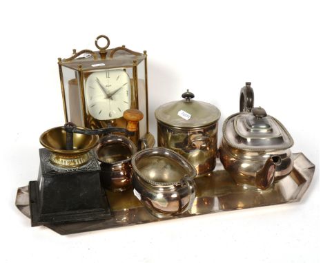 A plated tea set, a coffee grinder, 400-day clock, and candlesticks 