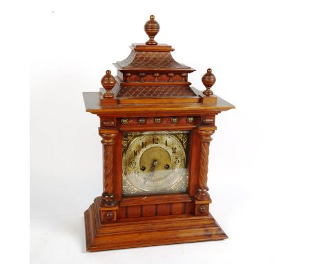 A German oak-cased architectural 8-day mantel clock, case height 50cm 