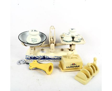 Avery ceramic weights, Continental scale, Lurpak items, and a novelty corkscrew 