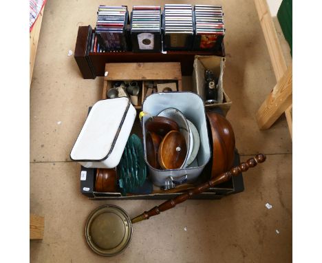 Vintage blue and white enamel kitchen bread bin, brass fire roasting pan, cast-iron cooking bookstand etc (boxful) 