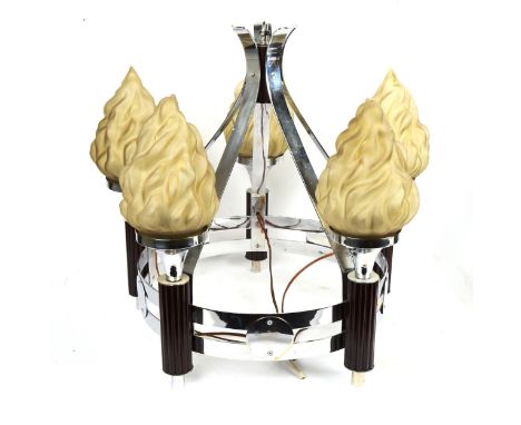 An Art Deco Bakelite and chrome 5-light ceiling chandelier fitting, with frosted glass flaming torch shades, height 46cm, dia