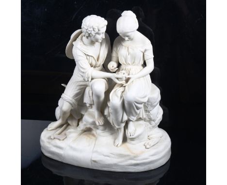 A large 19th century Copeland Parian ivory porcelain figure group, modelled by Cumberworth, depicting Paul and Virginia, heig