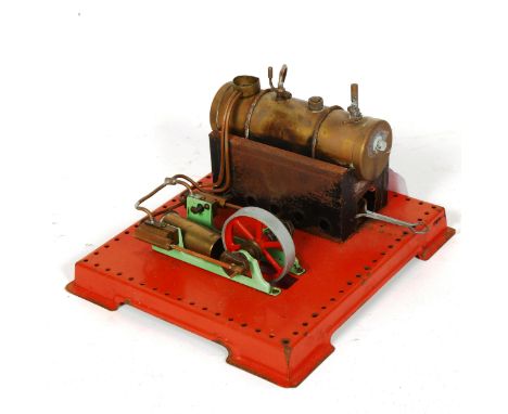 A brass stationary steam engine on plinth, length 24cm overall 