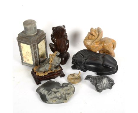 A metal-bound tea caddy with painted panels, 17cm, animal ornaments, a buffalo figure box etc 
