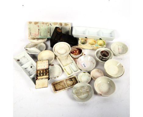 Various Vintage artist's ceramic paint pallets, and a tin travelling artist's pallet, by George Rowney & Co 
