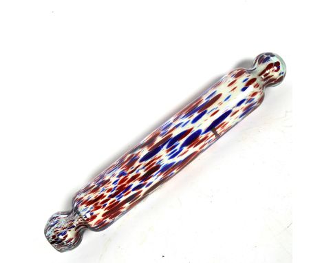 An Antique Nailsea type blue and red flecked glass rolling pin, length 38cm 