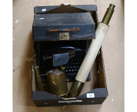 Vintage Mercedes typewriter, canvas covered brass single-draw telescope, and a Sievert blow torch (3) 