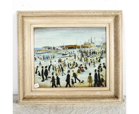 After L S Lowry, contemporary oil on canvas, beach scene, framed, overall 76cm x 86cm 