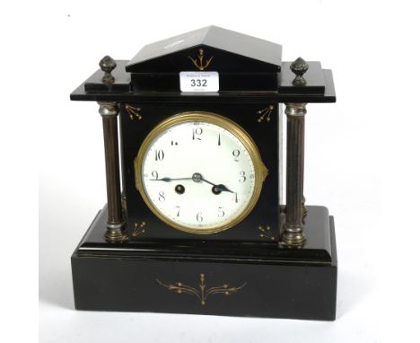An early 20th century French slate-cased architectural 8-day mantel clock, by Japy &amp; Co, case height 29cm, with pendulum