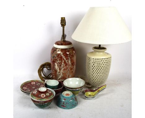 2 ceramic table lamps, and a modern Chinese soup set 