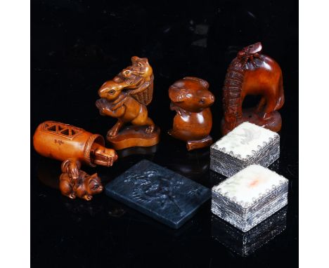 A group of carved wood netsuke, bone-mounted trinket boxes etc 