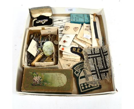 Various collectables and jewellery, including Scottish hardstone brooch (A/F), lady's fob chain, cufflinks etc (boxful) 