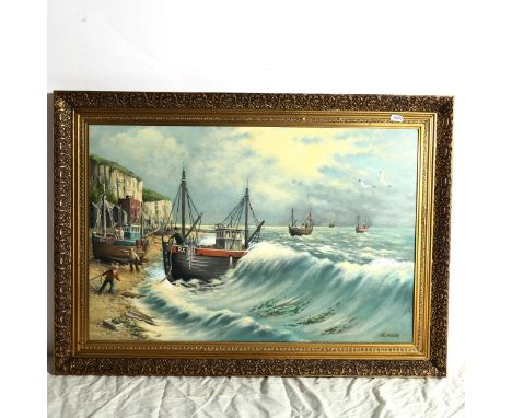 R Pain, oil on board, Hastings fishing boats, framed, overall 57cm x 80cm 