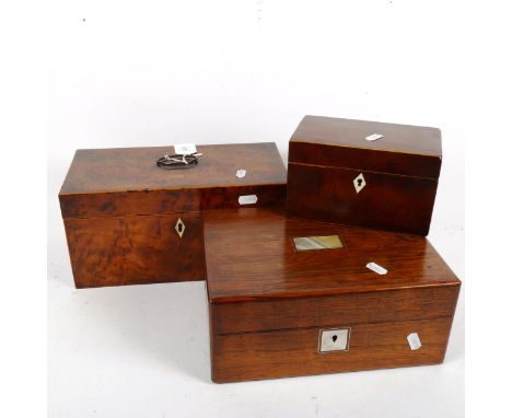 A 19th century box with carrying handle, 30cm, a box with inlaid mother-of-pearl, and a caddy lacking interior 