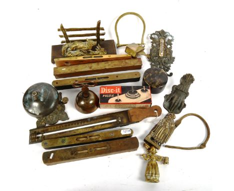 Vintage spirit levels, thermometer, bells etc 