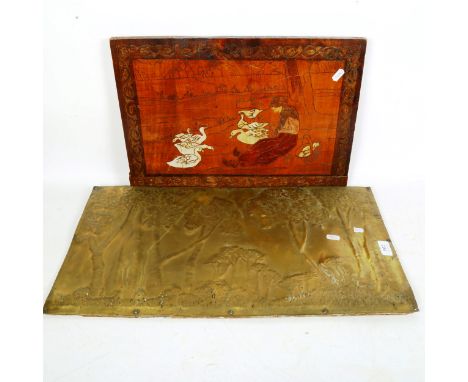 A Vintage Dutch carved and painted wood panel, and a brass-clad landscape panel, 33cm x 62cm (2)