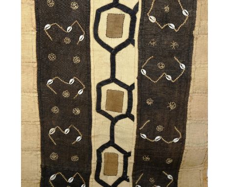 An African woven and dyed grass and cowrie shell textile panel, 230cm x 68cm 