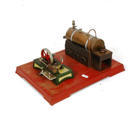 A brass stationary steam engine on plinth, length 33cm overall 