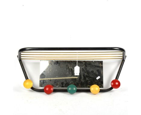 A Continental 1960s wall-mounted coat and hat rack with mirror, width 72cm 