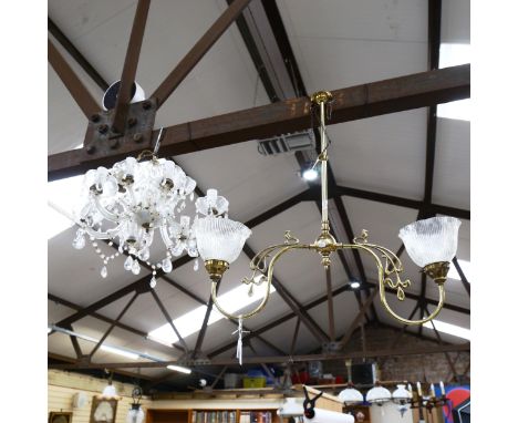 A gilt-brass twin light with glass shades, 64cm across 