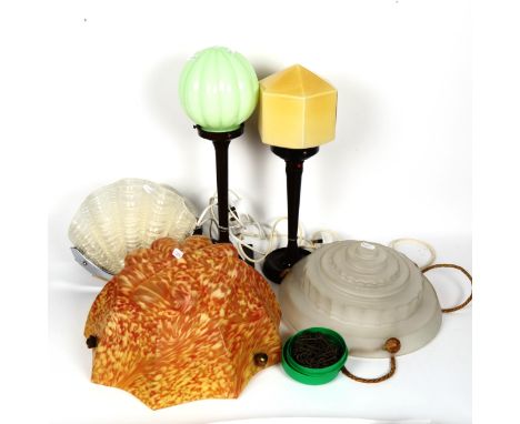 An Art Deco table lamp, with green glass shade, height 45cm, another, 2 Vintage ceiling light bowls, and 2 wall lights of she