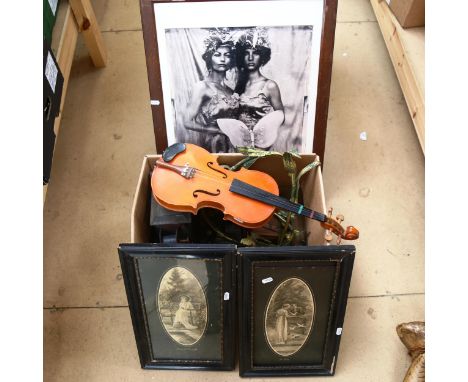 Tinplate magic lantern, Stentor student half-size violin, painted tin flower ornaments, prints etc