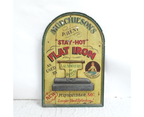 A vintage painted wooden advertising sign for Muchieson's "Stay Hot" Flat Iron, W61cm, H92cm